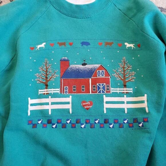 Vtg 90's Collared Teal Collared Cottagecore Grandma Sweatshirt - Picture 3 of 7